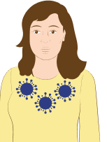 Woman with 3 virus icons on her chest